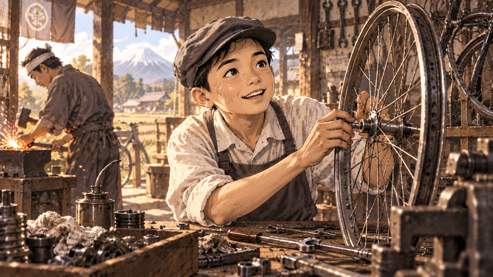 少年時代の本田宗一郎をイメージした自転車工房の挿絵