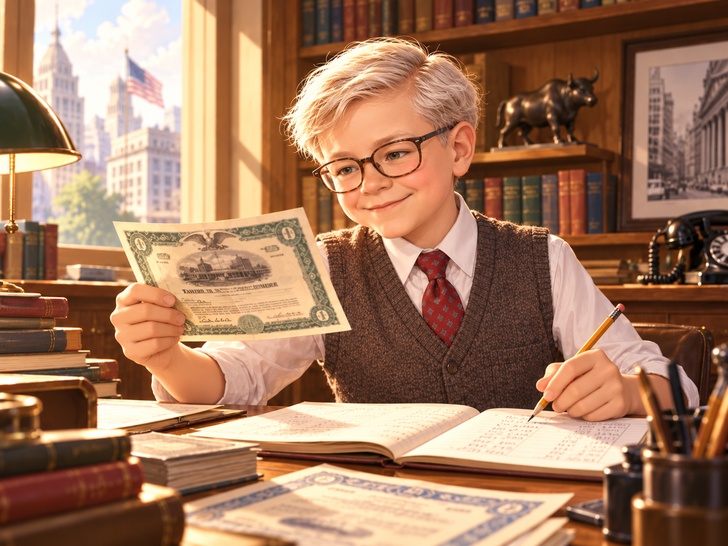 11歳のウォーレン・バフェットが株券を手にして勉強しているイラスト