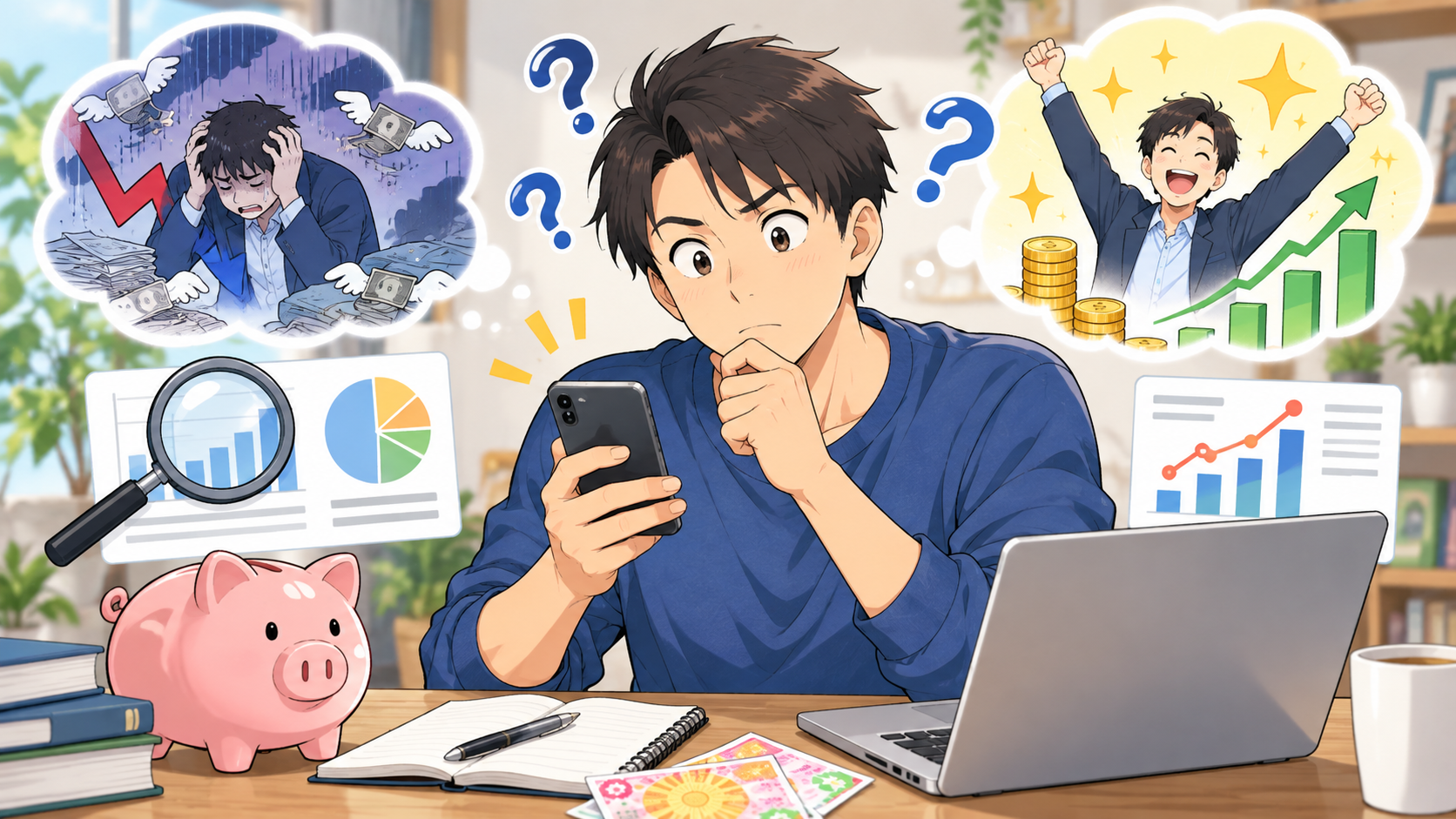 宝くじ当選者の破産に関する情報について調べる男性