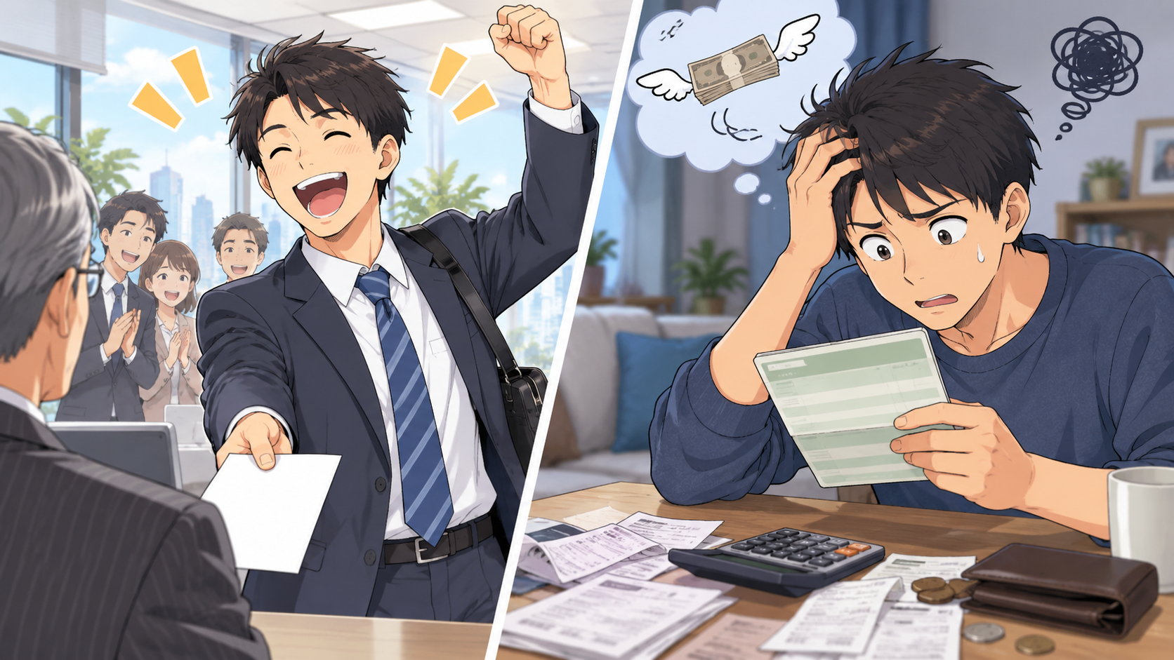 宝くじ当選で会社を辞めて喜んだ後、減っていく資産を見て不安になる男性