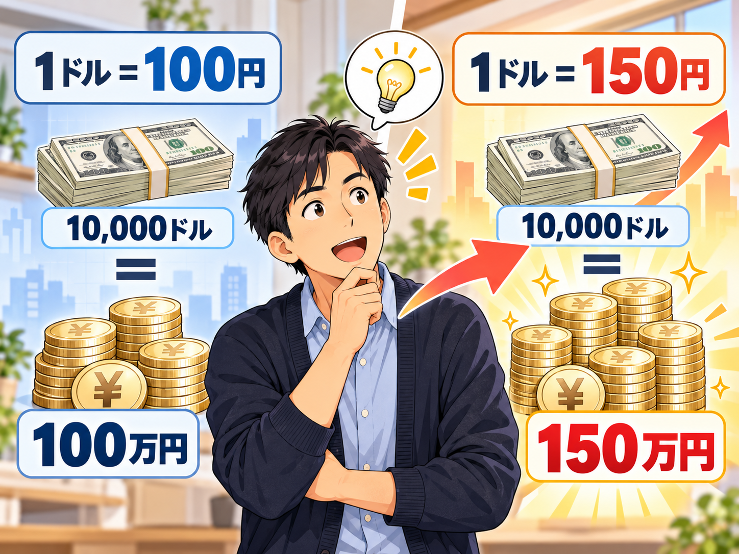 1ドル100円から150円になった場合のドル資産の変化
