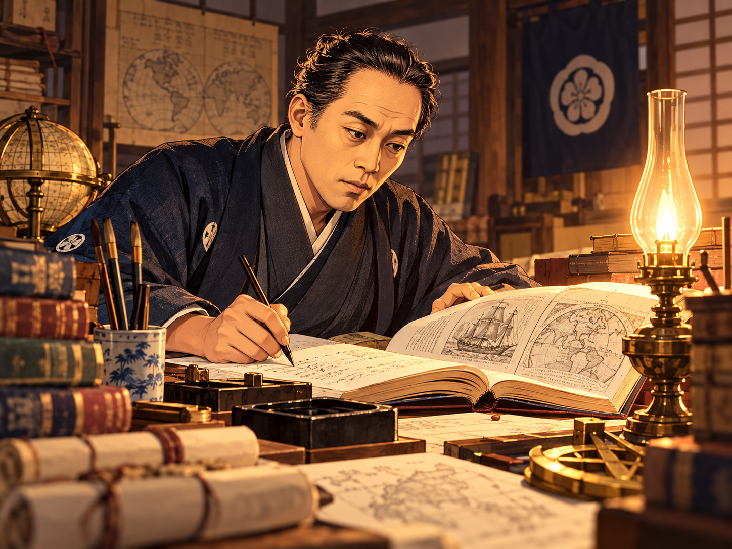蘭学書を読みながら熱心に勉強する福沢諭吉