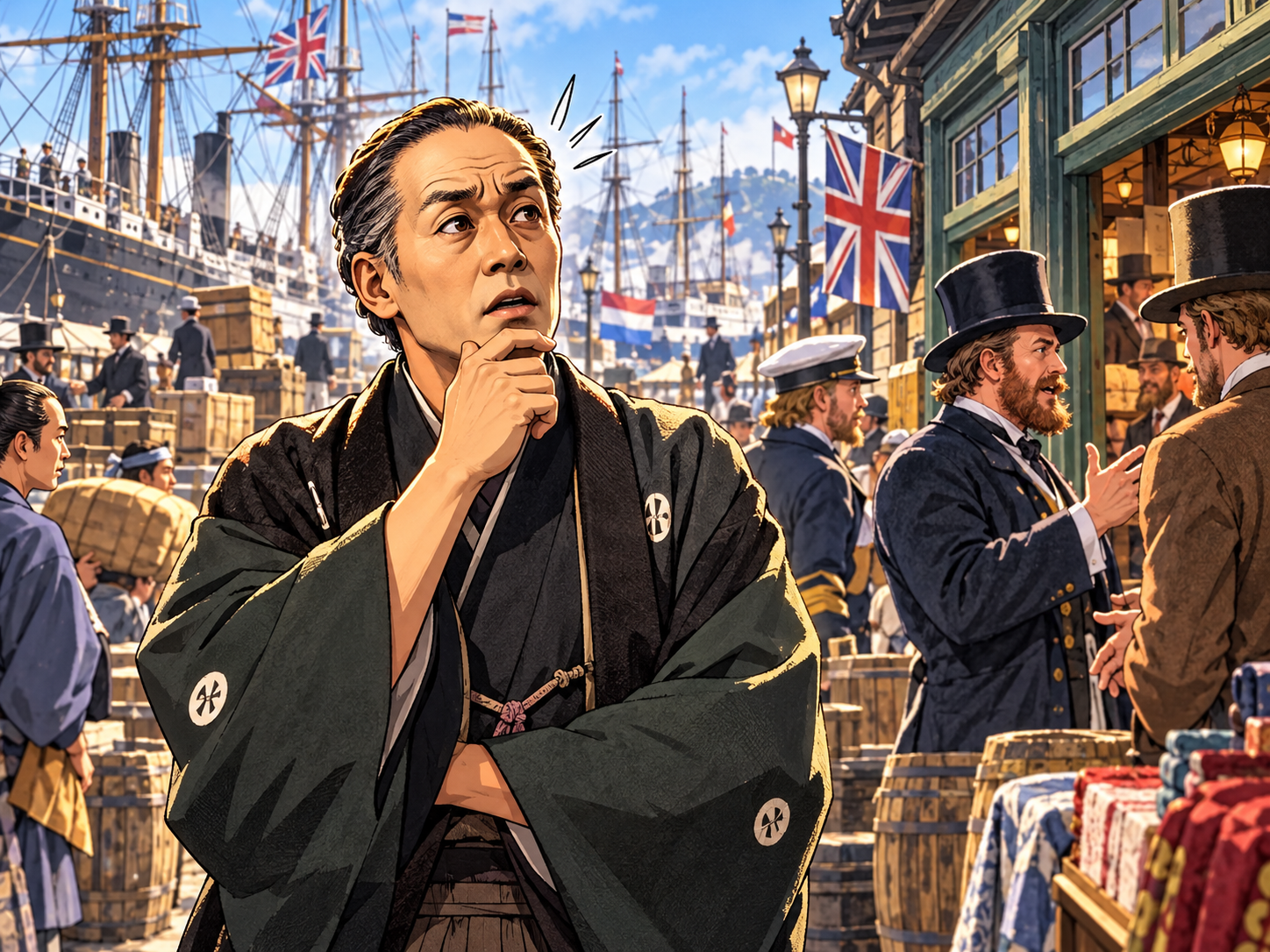 横浜で英語が使われていることに驚く福沢諭吉